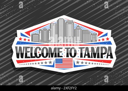 Logo vectoriel pour Tampa, signe de papier découpé décoratif avec illustration de ligne du paysage urbain de la baie de tampa sur fond de ciel de jour, design d'art horizontal ref Illustration de Vecteur