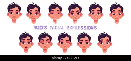 Kit d'émotions face pour enfant garçon. Ensemble d'illustration vectorielle de dessin animé de différentes expressions faciales d'enfant masculin. Jeune homme heureux souriant et triste, riant et faisant un clin d'œil, surpris et contrarié. Émoticône humain. Illustration de Vecteur