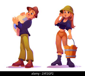 Personnages fermiers masculins et féminins fixés isolés sur fond blanc. Illustration vectorielle de dessin animé de jeune homme rural tenant le sac avec la récolte, jolie femme portant le seau en bois, jardiniers au ranch Illustration de Vecteur