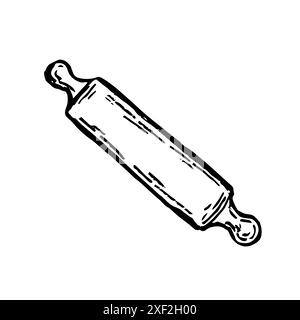 Rouleau à pâtisserie en bois isolé dessiné à la main. Ustensile de cuisine. Icône vectorielle gravée. Pour le menu restaurant et café, boulangerie, pain, pâteux, bonbons. Temp. De conception Illustration de Vecteur