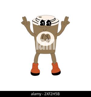 Personnage Groovy café en préparation. Isolé sur blanc. Mignon autocollant de boisson chaude y2k. Élément rétro pour tasse à café. Illustration de Vecteur