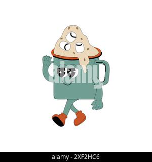 Brassage du cacao Groovy Character. Isolé sur blanc. Autocollant de brassage de boisson chaude au cacao mignon y2k. Illustration de Vecteur