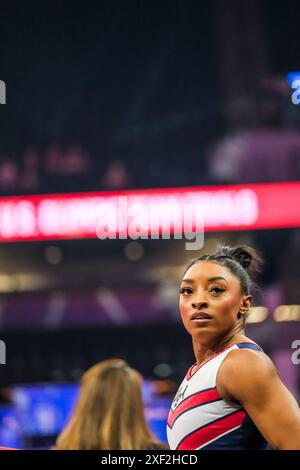 Minneapolis, Minnesota, États-Unis. 30 juin 2024. Au cours de la quatrième journée des essais de gymnastique de l'équipe olympique des États-Unis de 2024 au Target Center de Minneapolis, au Minnesota. (Crédit image : © Steven Garcia/ZUMA Press Wire) USAGE ÉDITORIAL SEULEMENT! Non destiné à UN USAGE commercial ! Crédit : ZUMA Press, Inc/Alamy Live News Banque D'Images