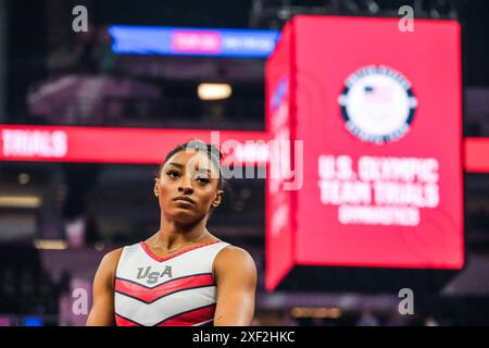 Minneapolis, Minnesota, États-Unis. 30 juin 2024. Au cours de la quatrième journée des essais de gymnastique de l'équipe olympique des États-Unis de 2024 au Target Center de Minneapolis, au Minnesota. (Crédit image : © Steven Garcia/ZUMA Press Wire) USAGE ÉDITORIAL SEULEMENT! Non destiné à UN USAGE commercial ! Crédit : ZUMA Press, Inc/Alamy Live News Banque D'Images