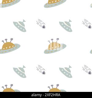 Motif aventure pour enfants avec des éléments de galaxie mignons. Personnages d'animaux de l'espace arrière-plan sans fin dans le style scandinave. Motif enfantin dessiné à la main pour Illustration de Vecteur