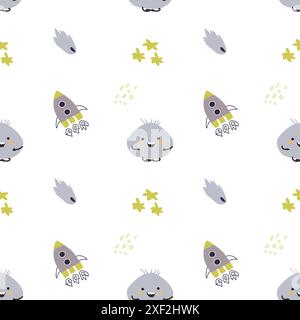 Motif mignon pour enfants avec des monstres ou des extraterrestres dans l'espace. Éléments galaxiques et fusées, fond de planètes. Personnages mignons et objets cosmiques pour l'impression Illustration de Vecteur