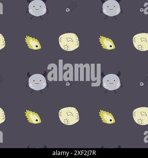 Motif mignon pour enfants avec des monstres ou des extraterrestres dans l'espace. Éléments galaxiques et fusées, fond de planètes. Personnages mignons et objets cosmiques pour l'impression Illustration de Vecteur