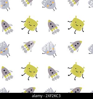 Motif mignon pour enfants avec des monstres ou des extraterrestres dans l'espace. Éléments galaxiques et fusées, fond de planètes. Personnages mignons et objets cosmiques pour l'impression Illustration de Vecteur