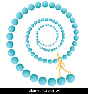 concept de but : modèle d'homme en bois marchant par spirale turquoise à cercle blanc pour le texte de but sur fond blanc Banque D'Images