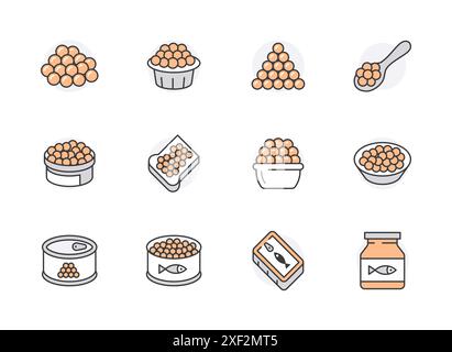 Jeu d'icônes de ligne plate de caviar rouge. Oeufs de poisson en conserve, œufs de tobiko, illustrations vectorielles d'apéritif. Présentez les affiches du magasin de fruits de mer. Couleur orange. Modifiable Illustration de Vecteur