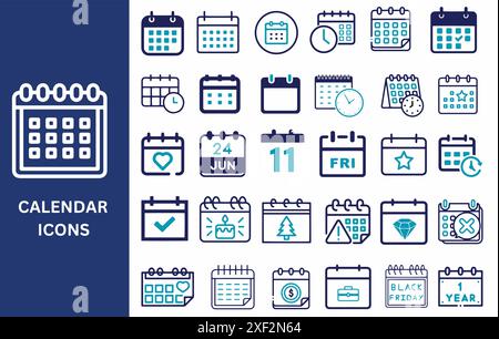 Définir l'icône du calendrier. Date, horaire, mois, semaine, rendez-vous, et les icônes d'événement. Illustration vectorielle. Illustration de Vecteur