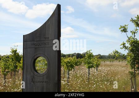 HMS Defence, Andrew Lapthorn Oak hublot marks, Battle of Jutland Tribute, Langley Vale Centenary Wood, Epsom Surrey, Angleterre, 2024 Banque D'Images