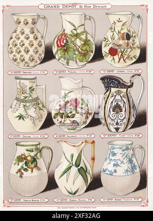 Cruches à eau en porcelaine décorées. Les designs incluent Embleme, Penang, Japonais, Zatzuma, Salisbury, Cluny, fleurs de Noisetier, bambou naturel. Chromolithographie par Charles Verneau de la céramique moderne par la Grand dépôt d'Emile Bourgeois, céramique moderne par le Grand dépôt, 21 rue Drouot, Paris, 1882. Banque D'Images