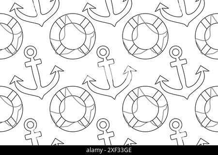 Modèle sans couture d'ancres et de sauveteurs illustration de contour pour une page de coloriage amusante et engageante. Parfait pour les enfants et les projets à thème nautique. Illustration de Vecteur