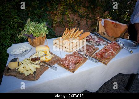 plateau de fromage, assiette wurst, charcuterie, traiteur, assiette, raisins, jambon, italien, fromage, nourriture, mariage, anniversaire, fête, snack, buffet, gourmet Banque D'Images