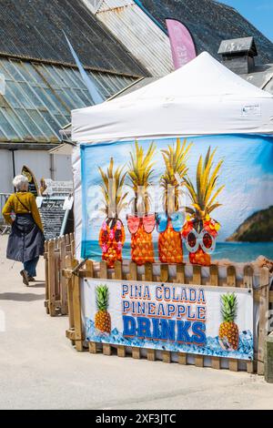 Une bannière colorée et colorée annonçant des boissons à l'ananas Pina colada en vente disponible sur un point de vente de restauration rapide sur la promenade de Towan Beach à Newquay dans le Co Banque D'Images