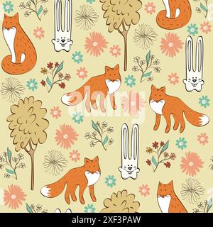 Motif sans couture pour enfants avec des renards et des lièvres Illustration de Vecteur