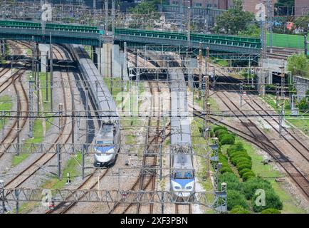 Séoul, Corée du Sud. 01 juillet 2024. Le train sud-coréen passe entre la gare de Séoul et la gare de Yongsan sur une voie ferrée installée dans le centre de Séoul. Le chemin de fer installé dans le centre de Séoul passe à la minute en raison de l'augmentation du volume de trafic de nombreux trains à grande vitesse et de divers trains. Crédit : SOPA images Limited/Alamy Live News Banque D'Images