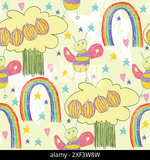 dessin d'enfant d'un arc-en-ciel multicolore et arbre avec abeille. Illustration de Vecteur