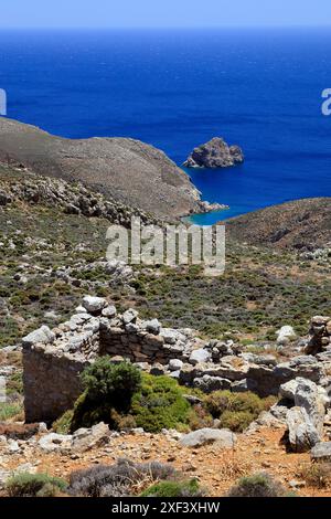 Vestiges d'une colonie sur le plateau de Pano Meri, Tilos, îles du Dodécanèse, sud de la mer Égée, Grèce. Banque D'Images