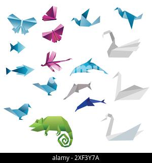 Fond abstrait origami. Le papier est transformé en animaux. Illustration de Vecteur