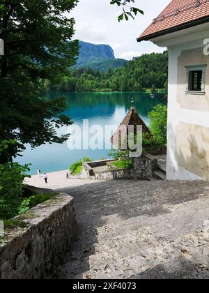 L'escalier en pierre méridionale menant au débarquement du bateau sur l'île de Bled Bled Upper Carniola Slovénie Banque D'Images