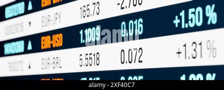 Gros plan sur l'écran taux de change en euros et en dollars américains. Gros plan sur l'écran taux de change en euros et en dollars américains. Affaires, commerce, marchés financiers, concept de devise. Illustration 3D img currency017s02 global Exchange rates Banque D'Images