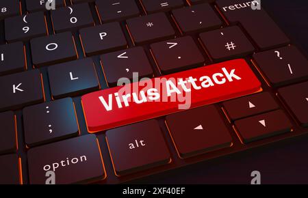 Touche d'attaque de virus sur le clavier. Clé d'attaque de virus. Gros plan sur le clavier de l'ordinateur. Une clé est rouge avec le mot virus Attack . Cybercriminalité, ordinateur, sécurité réseau, menace Internet, sécurité INFORMATIQUE. Illustration 3D keyboard048s03 virus Attack Banque D'Images