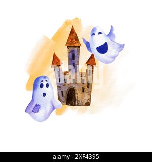 Composition aquarelle du thème d'Halloween avec tour, fantôme drôle, drapeaux orange contre les éclaboussures d'aquarelle, croquis dessiné à la main, illustration de dessin animé f Banque D'Images