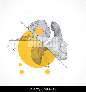 La tête humaine est faite dans le style d'un cadre avec des éléments artistiques. Vecteur dessiné à la main. Illustration de Vecteur