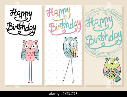 Collection de cartes artistiques mignons pour enfants. Hiboux drôle en vecteur. Carte de vœux pour l'anniversaire. Illustration de Vecteur