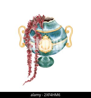 Vase antique avec des ornements dorés. Bol en marbre vintage orné d'une guirlande de fleurs. Illustration d'aquarelle dessinée à la main isolée sur fond blanc Banque D'Images