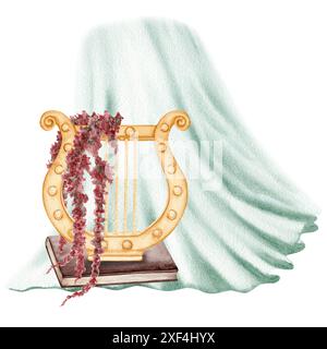 Lyre grecque dorée décorée de guirlande de fleurs. Instrument de musique antique avec fond de rideau transparent. Illustration aquarelle isolée sur BA blanc Banque D'Images