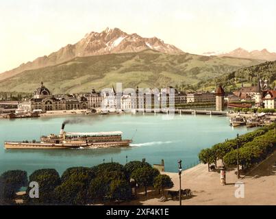 Bahnhof und Pilatus, Luzern, Schweiz / , Railway station and Pilatus, Lucerne, Switzerland , Historisch, digital restaurierte Reproduktion von einer Vorlage aus dem 19. Jahrhundert, date du dossier non précisée Banque D'Images