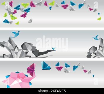 Bannières abstraites origami. Papillons et oiseaux en papier. Illustration de Vecteur