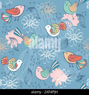 Motif sans couture bleu vecteur avec des oiseaux multicolores. Illustration de Vecteur