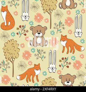 Motif sans couture pour enfants avec des renards et des lièvres Illustration de Vecteur