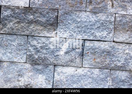 Une perspective rapprochée d'un mur de briques avec diverses taches couvrant sa surface, mettant en valeur un mélange de matériaux composites et de motifs comme des rectangles Banque D'Images