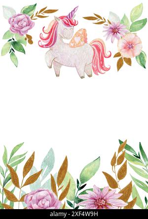 Illustration de licorne mignonne d'aquarelle vectorielle. Cadre magique de fantaisie. Illustration de Vecteur