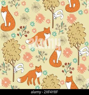 Motif sans couture pour enfants avec des renards et des lièvres Illustration de Vecteur