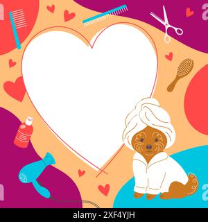 Modèle de publication de médias sociaux de salon de toilettage pour animaux de compagnie avec chien caniche mignon dans un peignoir et une serviette ainsi que quelques outils de toilettage. Cadre carré pour texte promot Illustration de Vecteur