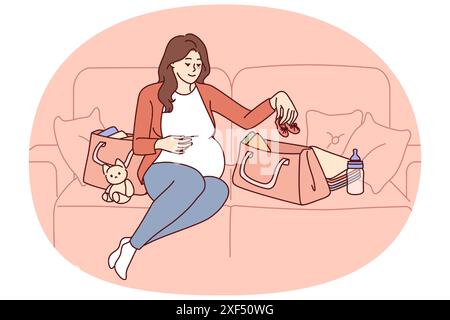 La femme enceinte est l'emballage des choses pour l'enfant à naître dans le sac aller à l'hôpital de maternité avant de donner naissance. La fille enceinte est assise sur le canapé se préparer à la maternité et à élever bébé Illustration de Vecteur