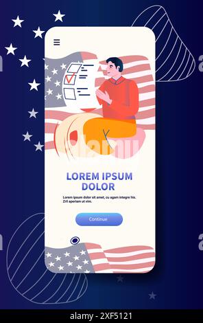 L'homme d'écran de l'application mobile de l'élection présidentielle AMÉRICAINE vote en ligne avec le fond du drapeau des États-Unis Illustration de Vecteur