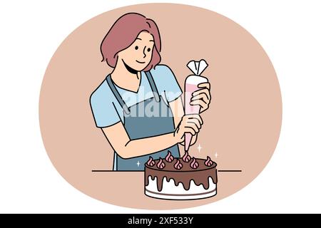 Femme confiseur prépare un délicieux gâteau pour la fête d'anniversaire et décore le dessert avec du chocolat et de la crème au beurre. Jeune fille utilise un sac à pâtisserie pour préparer un gâteau sucré pour la table de fête. Illustration de Vecteur