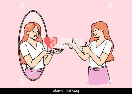 Femme avec une grande estime de soi regarde dans le miroir et voit le reflet avec le cœur, comme métaphore de l'amour de soi. Une bonne estime de soi permet à la fille de se développer et de ne pas prêter attention aux gens envieux Illustration de Vecteur