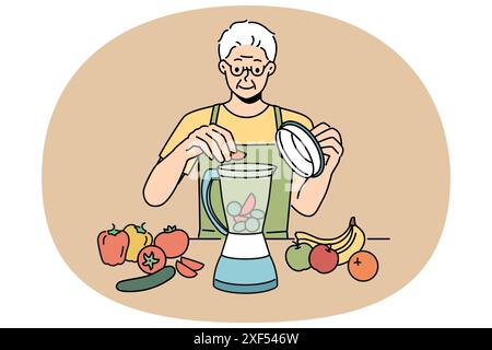 Un homme âgé utilise un mélangeur et prépare des smoothies à partir de fruits et légumes frais afin de rester en bonne santé. L'homme retraité prépare des smoothies et suit un régime vitaminique prescrit par un médecin nutritionniste Illustration de Vecteur