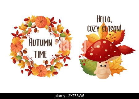 Heure d'automne. Dessins de carte postale, champignon de mouche mignon d'automne, cadre avec des feuilles. Vecteur Illustration de Vecteur