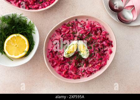 Soupe de betterave froide d'été à base de betteraves, radis, concombres, pommes de terre et herbes, garnie d'oeufs, un déjeuner d'été rafraîchissant Banque D'Images