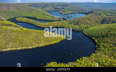 Vue aérienne, rivière Rur et Urfttalsperre Urftsee, vue lointaine forêt collines et vallées, Nordeifel National Park Eifel, Rurberg, Simmerath, Nord Banque D'Images