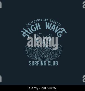 Vintage High wave Surfing Club typographie Summer Beach Tee-shirt graphique Illustration de Vecteur